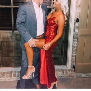 RED SPARKLY LONG DRESS WITH SLIT